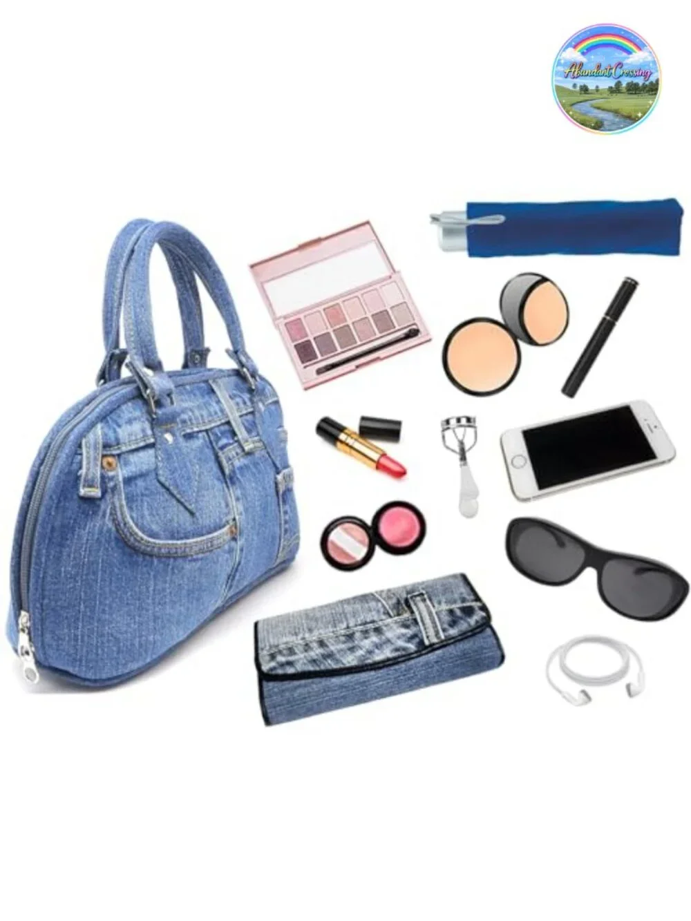 Upcycled Denim Curved Satchel Top Handle Handbag Purse